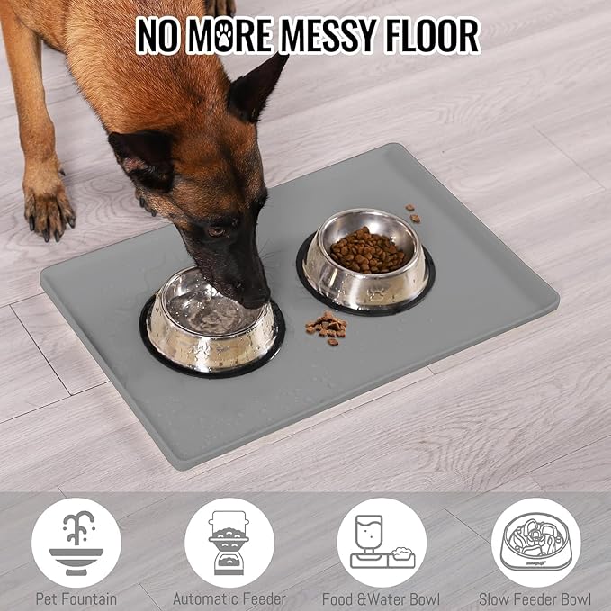 MateeyLife Dog & Cat Food Mat for Floors Waterproof, Nonslip Bowl Mats for Food and Water, Dog Feeding Mats with Raised Edges, Silicone Dog Water Matt Tray for Messy Drinkers, 18"x12", Grey