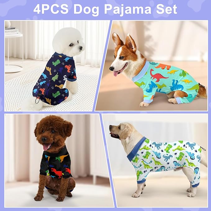 Bienbee Dog Pajamas, 4 Pack Cute Soft Dog Puppy Clothes Dogs Pjs Onesies Jammies Outfit Adjustable Breathable & Stretchy Clothes for Small Medium Large Dogs Girl Boy Puppy-3XL