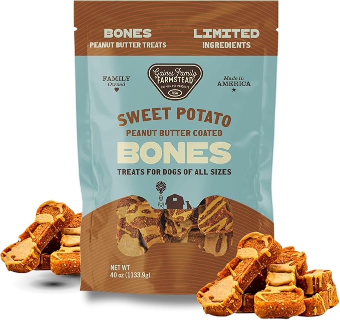Gaines Family Farmstead Peanut Butter Coated Sweet Potato Dog Bones – 40 oz Bag, Grain-Free, Chewy, Natural Dog Treats for Digestion, Skin, Energy & Immunity – Limited Ingredient, Made in USA