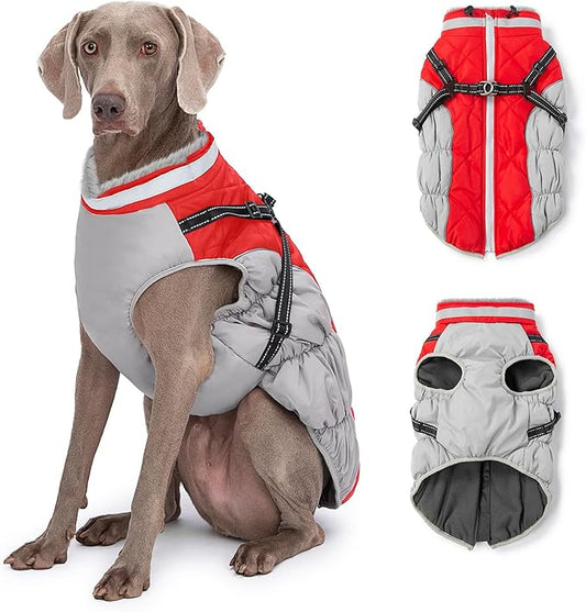 Dog Winter Coat with Harness, Dog Jacket, Pet Clothes with Zipper on Back, Waterproof Windproof Warm Vest, Reflective Cold Weather Coats, for Small Medium Large Dogs, Thick, Red, 2XL