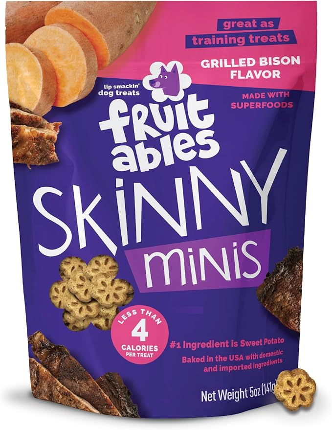 Fruitables Skinny Mini Dog Treats, Healthy Sweet Potato Treat for Dogs, Low Calorie & Delicious, Puppy Training, Free of Wheat, Corn and Soy, Made in the USA, Grilled Bison Flavor, 5oz