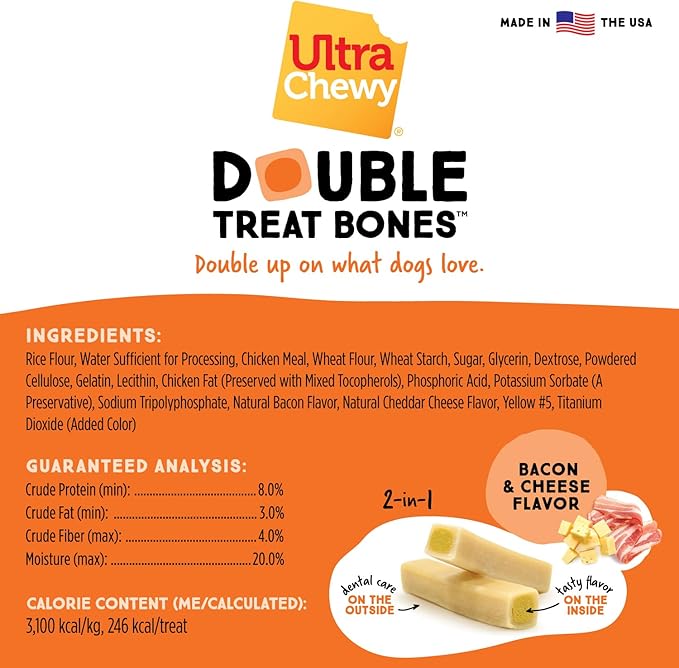 Ultra Chewy Bacon and Cheese Double Treat Bones: Long-Lasting Chews Made in USA, Highly Digestible, for Aggressive Chewers (6 Count)