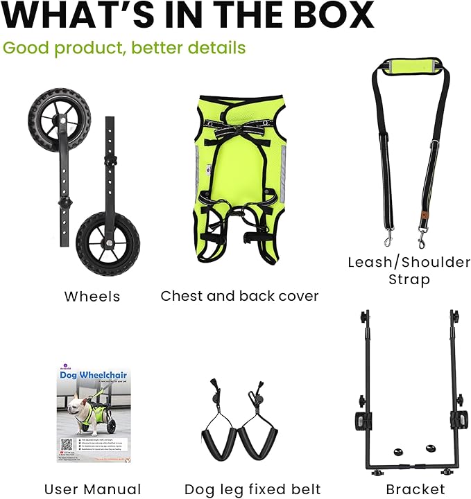Upgraded Dog Wheelchair for Back Legs - Lightweight Mobility Cart for Small Breed Dogs with Disabled, Injured, or Arthritic Hind Legs - Includes High-Visibility Vest, Leash & Sling Lift -Medium
