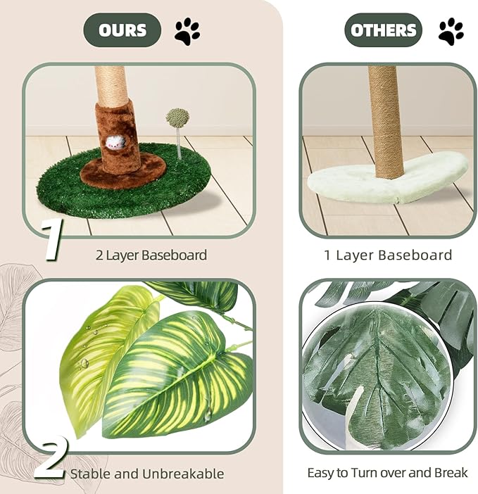 Meowoou Cat Scratching Post for Indoor Cats with Cat Toy Mouse Hole and Interactive Hanging Ball,32 inch Tall Cat Scratcher Palm Cat Tree Tower with Sisal Rope for Indoor Kitten