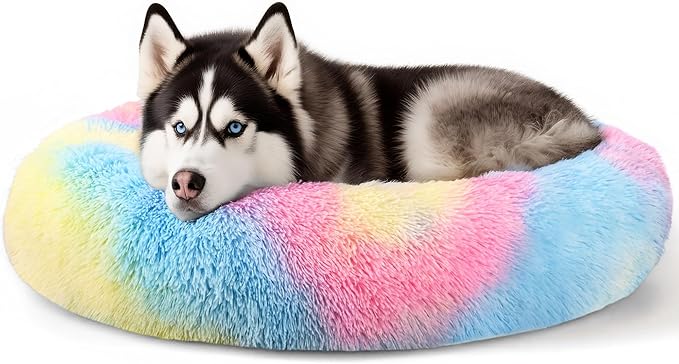 Extra Large Dog Beds, 36 Inch Human Dog Anxiety Relief Squishmallow Comfort Bed, Indestructible & Chew Proof Pet Beds (Rainbow)