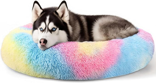 Extra Large Dog Beds, 36 Inch Human Dog Anxiety Relief Squishmallow Comfort Bed, Indestructible & Chew Proof Pet Beds (Rainbow)