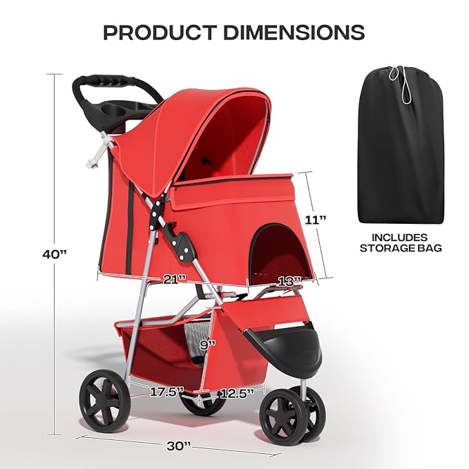 Cat Dog Stroller - 3-Wheels for Medium/Puppy Dogs 30 Lbs, Cats - Foldable with Storage Basket and Cup Holder, Breathable Mesh Red
