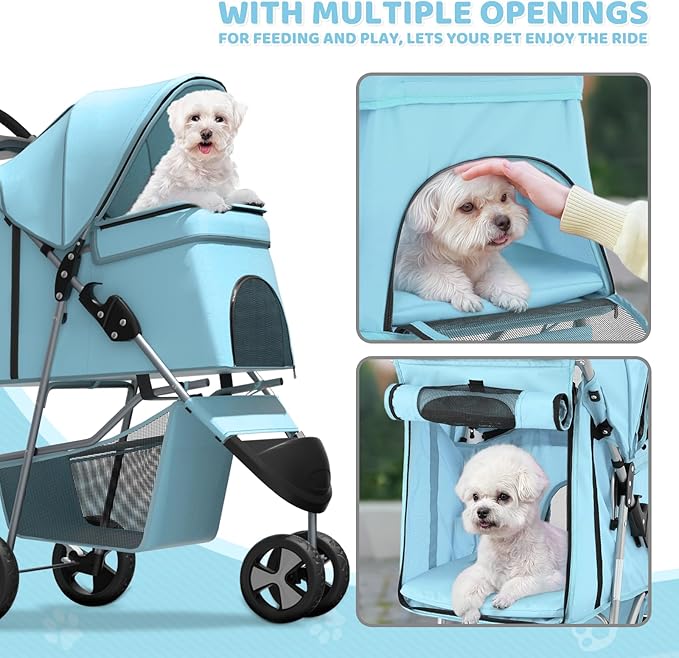 Magshion 3-Wheel Pet Stroller, Foldable Travel Jogger for Small & Medium Dogs & Cats (Up to 33lbs), Lightweight Carrier with Breathable Mesh Cover, Cup Holder & Storage Basket, Mint Green