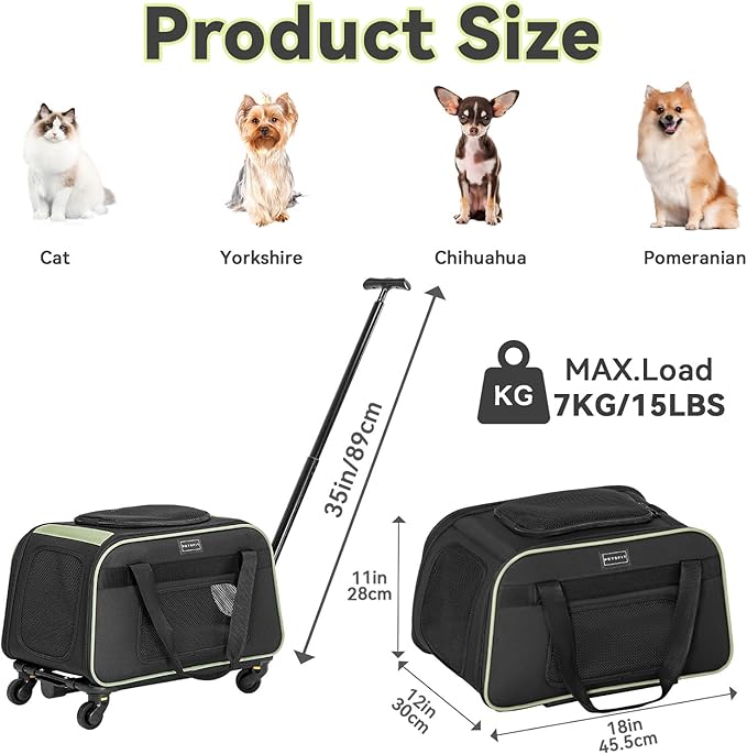 Petsfit Cat Carrier with Wheels Airline Approved, Pet Dog Carrier with Wheels for Small Dogs, Rolling Cat Carrier for Cats Puppy Stroller Detachable and Foldable Pet Travel Bag, Black&Green