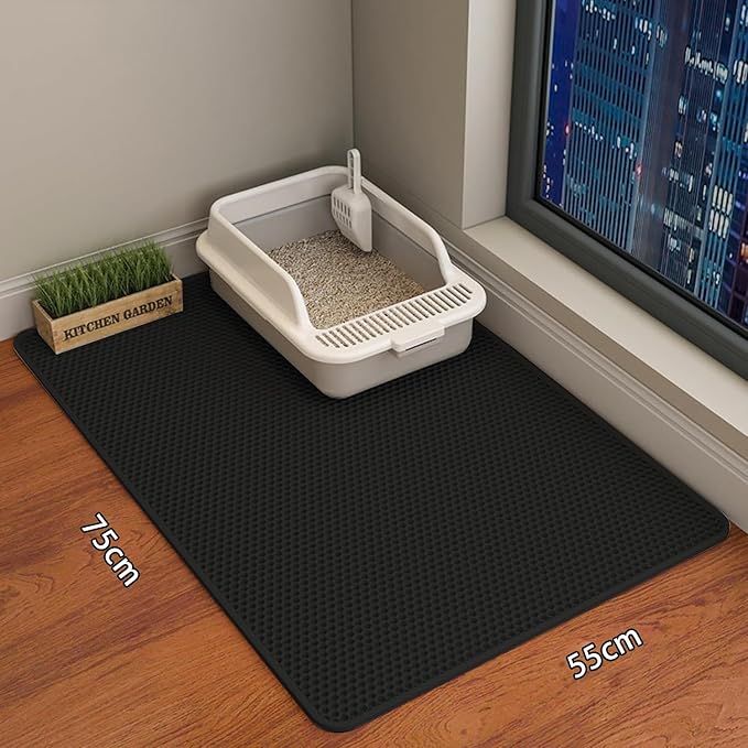 Cat Litter Mat Cat Litter Trapping Mat, 30 x 22 inch Honeycomb Double Layer Design, Urine and Water Proof Material, Scatter Control, Less Waste, Easier to Clean, Washable black