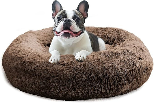 JOLLYVOGUE Calming Dog & Cat Bed for Small Dogs, Anti-Anxiety Donut Cuddler Cozy Soft Round Bed with Anti-Slip Bottom, Fluffy Faux Fur Plush Cushion Beds for Small Medium Dogs (23")