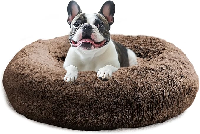 JOLLYVOGUE Calming Dog & Cat Bed for Small Dogs, Anti-Anxiety Donut Cuddler Cozy Soft Round Bed with Anti-Slip Bottom, Fluffy Faux Fur Plush Cushion Beds for Small Medium Dogs (20")