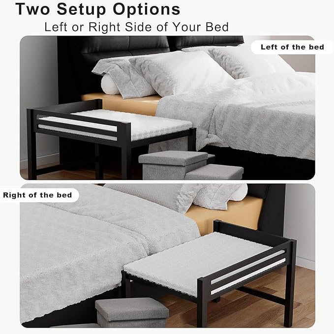 Bedside Dog Bed with Stairs，35×23 Wooden Elevated Dog Bed Cosleeper with Removable Mattress, Foldable 3-Step Stairs & Guardrail, Bassinet-Style Pet Bed for Medium Dogs