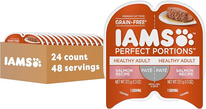 IAMS Perfect Portions Healthy Adult Grain Free Wet Cat Food Pate, Salmon Recipe, 2.6 oz. Easy Peel Twin-Pack Trays (24 Count, 48 Servings)