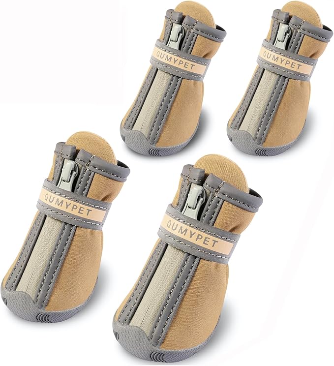 QUMY Dog Shoes for Small Dog, Puppy Dog Boots & Paw Protectors for Winter, Summer Hot Pavement, Waterproof in Rainy Weather, Ourdoor Walking, Indoor Hardfloors Skid-Resistant Soles Khaki Size 5