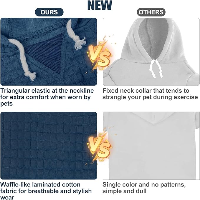 BEAUTYZOO Small Dog Hoodie Sweater with Pockets, Dog Clothes for Small Medium Dogs Boy Girl, Waffle-Like Laminated Cotton Pet Coats with Hat and Leash Hole, Navy Blue S