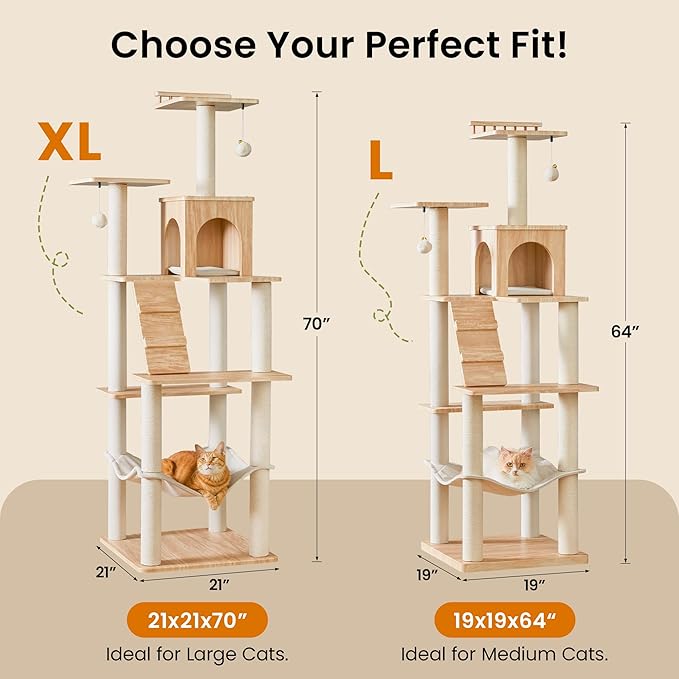 Large Modern Cat Tree - 70 inch Tall Cat Tower for Indoor Cats, Multi-Level Cat Condo with 7 Fully Wrapped Scratching Posts,2 Spacious Perches, Hammock, Cozy Pad & Dangling Balls-Light Brown