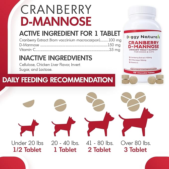 Cranberry D-Mannose for Dogs and Cats Urinary Tract Infection Support Prevents and Eliminates UTI, Bladder Infection Kidney Support, Antioxidant (Single Strength Tablet, 150 Count)