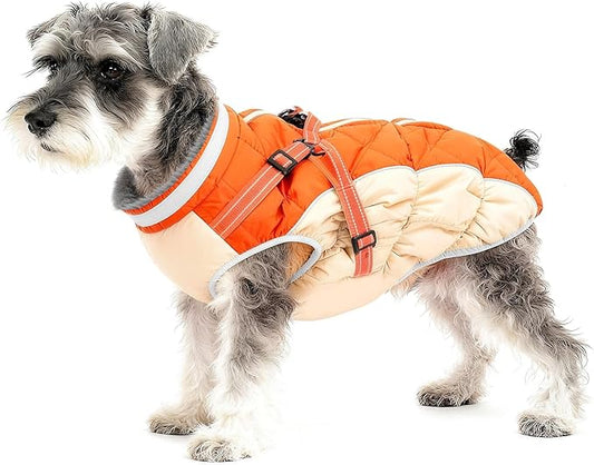 Dog Winter Coat with Harness, Dog Jacket, Pet Clothes with Zipper on Back, Waterproof Windproof Warm Vest, Reflective Cold Weather Coats, for Small Medium Large Dogs, Thick, Orange, S