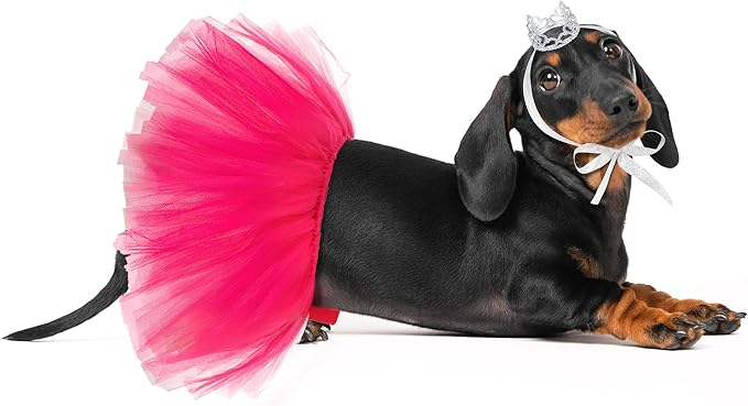 2 Pcs Dog Crown Headband Dog Tutu Dress Set Crystal Rhinestone Tiara Crown Tutu Skirt Pet Dress Costume for Puppy Birthday Party Wedding Photo Prop Costume(Small,Rose Red)