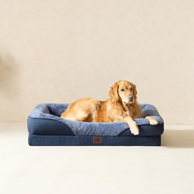 EHEYCIGA Memory Foam XXL Dog Bed for XLarge Sized, Extra Large Orthopedic Dog Sofa with Sides and Waterproof Liner, Washable Bolster Pet Couch with Removable Cover, 52x41x8 Inch, Navy