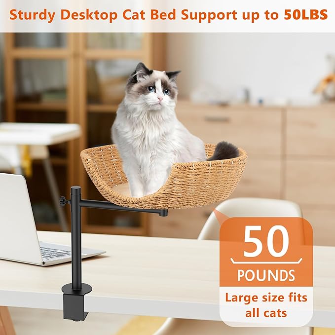 Dollate Cat Desk Bed,Paper Rope Material,Height Adjustable and 360°Rotating,Suitable for Cats up to 45 pounds,Cat Furniture for Office Desks,Game Tables
