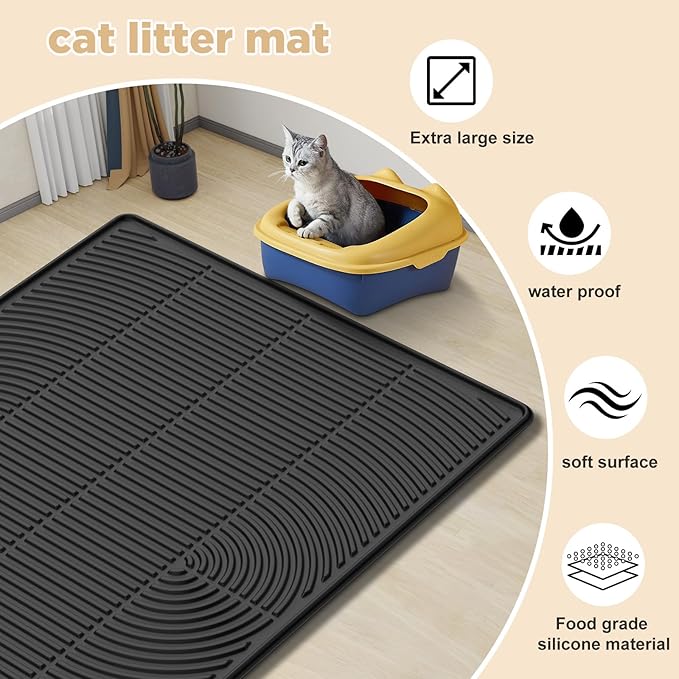 AMOK Cat Litter Mat, Extra Large Silicone Litter Box Mat 40" x 28", Waterproof Litter Trapping Mat for Cats, Durable and Easy to Clean, Black