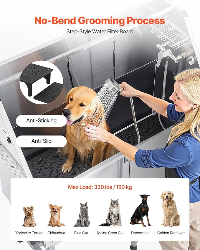 VEVOR Stainless Steel Dog Washing Station, 50 inch Pet Grooming Tub w/Ramp, PE Water Filter Board, Faucet & Showerhead & Soap Holder Dog Bathtub for Large & Medium & Small Pets (Right Door)