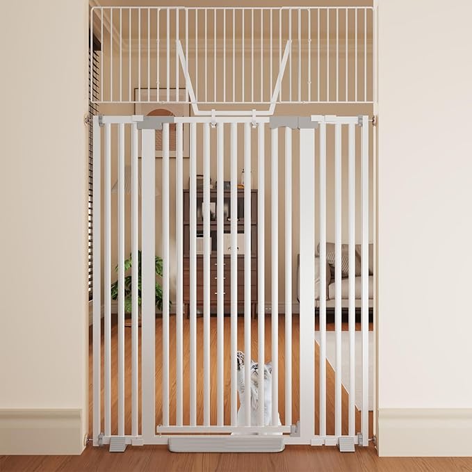 67" High Extra Tall Cat Gate for Doorway, 29.5-49.21" Extra Wide Pet Gate Pressure Mounted Baby Gates for Dogs Pets, Easy Walk Through Cat Proof Gate(White)