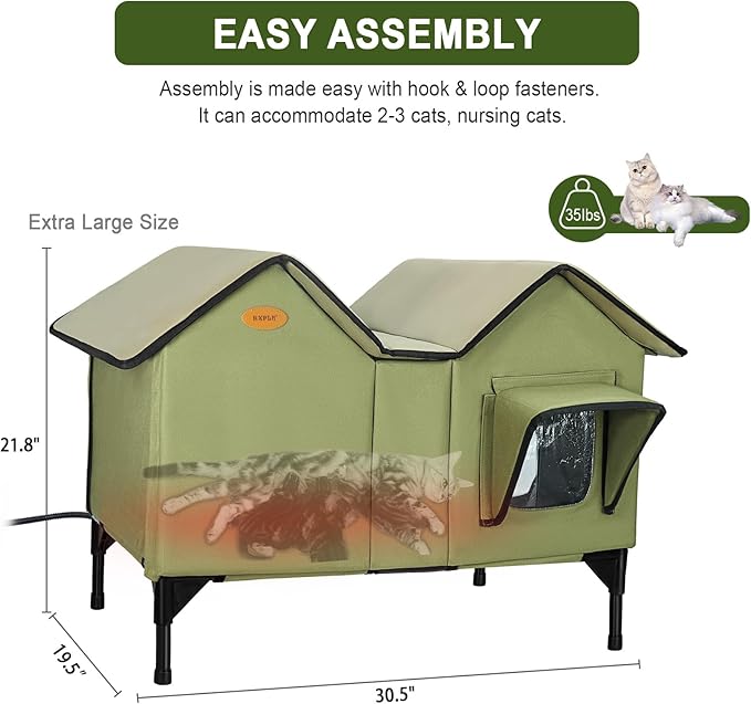 Heated Outdoor Cat House Weatherproof for Winter - Extra Large Heated Cat House for Outside, Elevated Bed, Escape Door, Fully Insulated Feral Cat Shelter for Multiple Cats Small Dogs, Easy Assembly