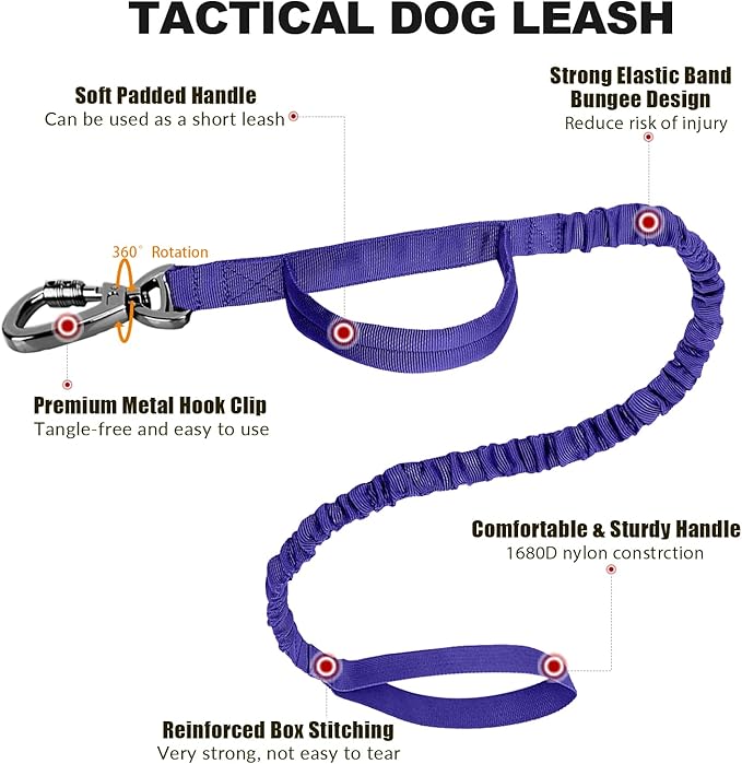 Tactical Dog Collar and Bungee Leash,Military Dog Collar & Leash Set with USA American Flag Adjustable K9 Collar with Heavy Duty Metal Buckle & Handle,with Patches and Airtags Case (Purple, L)