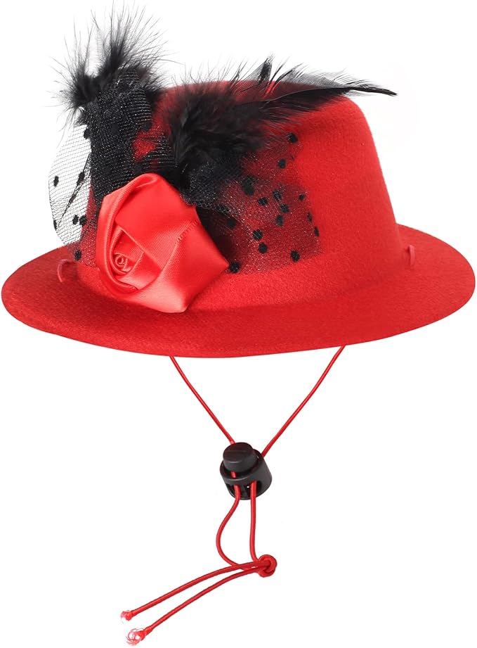 Yewong Pet Fascinators Hat Formal Top Costume Set Mesh Feather Fascinator Veil Kentucky Derby with Pearl Collar for Christmas Weeding Photo Props Party (Red) (BH-YF0090)