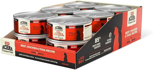 ACANA Premium Pate Wet Cat Food in Bone Broth Beef Chicken + Tuna Recipe 5.5oz Cans (12 count)