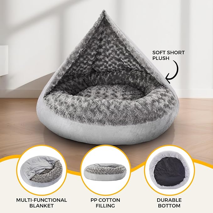 Cave Dog Bed with Blanket Donut Round Plush Cozy Cat Pet Bed for Puppy Machine Washable Removable Cover Cat Toy Anti-Slip Bottom Gray 26X26X8 inch