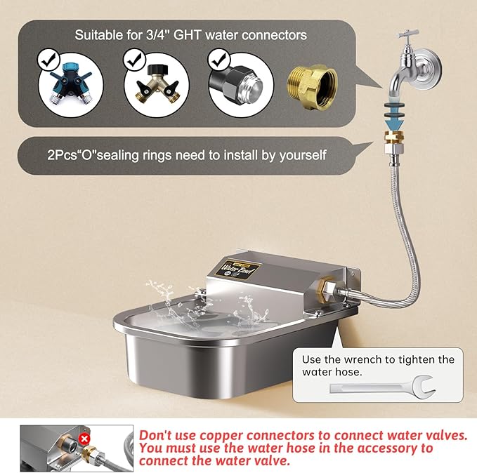 Automatic Water Dispenser for Dogs, Patented 3L Outdoor Dog Drinking Water Bowl, Stainless Steel Waterer Feeder Suitable for Chicken Livestock Animal,Fit 3/4'' GHT Faucet, Wall-Mounted, Easy to Clean