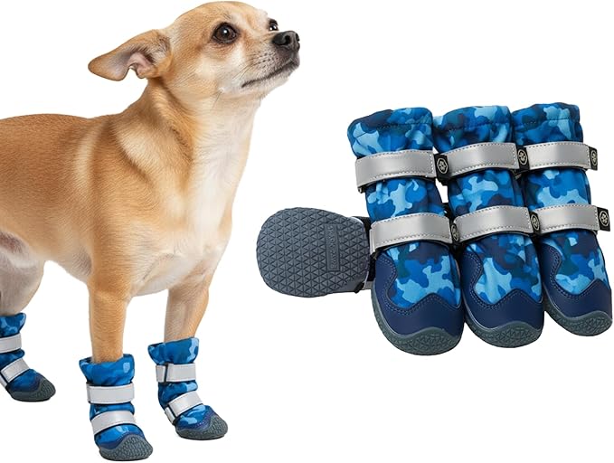Spark Paws Dog Shoes, Waterproof Dog Boots for Medium to Large Dogs, Non Slip, Breathable Dog Booties and Paw Protectors - 4PCS Doggie Hiking Boots with Reflective Straps, Blue Camo, Size 2