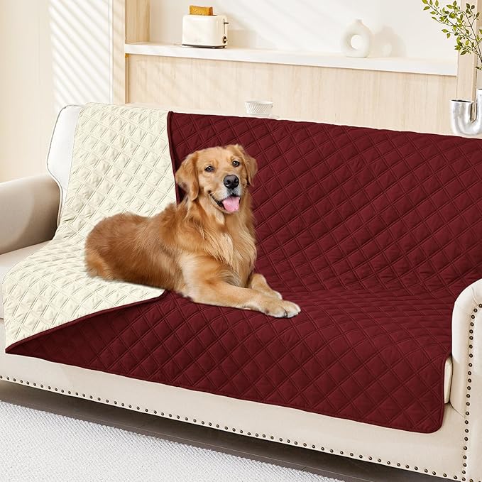 Smiry Waterproof Dog Blanket, Reversible Dog Bed Cover Pet Blanket, Soft Pet Couch Covers for Sofa Washable, Bed Couch Sofa Furniture Protector for Puppy Cat Kids (52"x82", Wine Red/Beige)