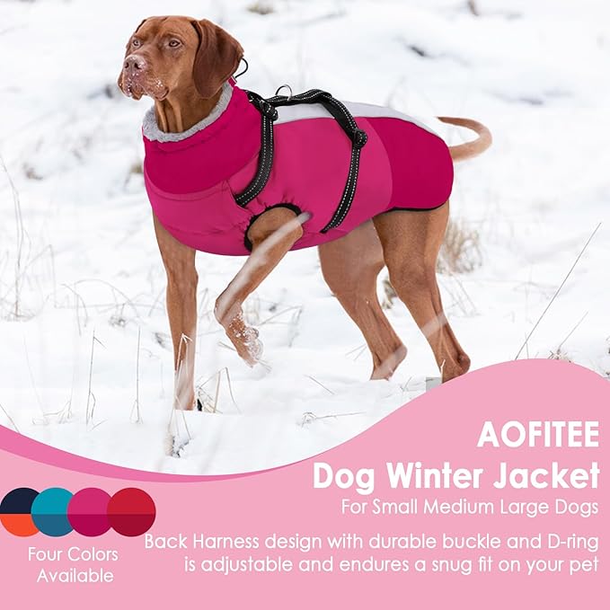 AOFITEE Dog Coat for Small Dogs, Warm Dog Winter Jacket with Harness Built in, Waterproof Small Winter Coat Dogs Reflective Cold Weather Coats for Chihuahua, Yorkshire, Hot Pink XS