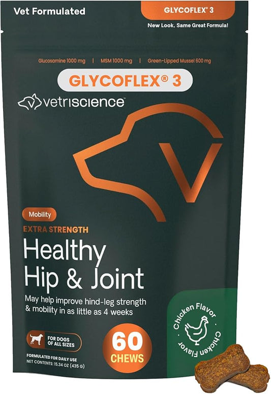 VetriScience Extra Strength Healthy Hip & Joint Chews, GlycoFlex Glucosamine and Green-Lipped Mussel Joint Support Supplement for Dogs, Promote Mobility & Soothe Joint Discomfort, Chicken, 60 Count