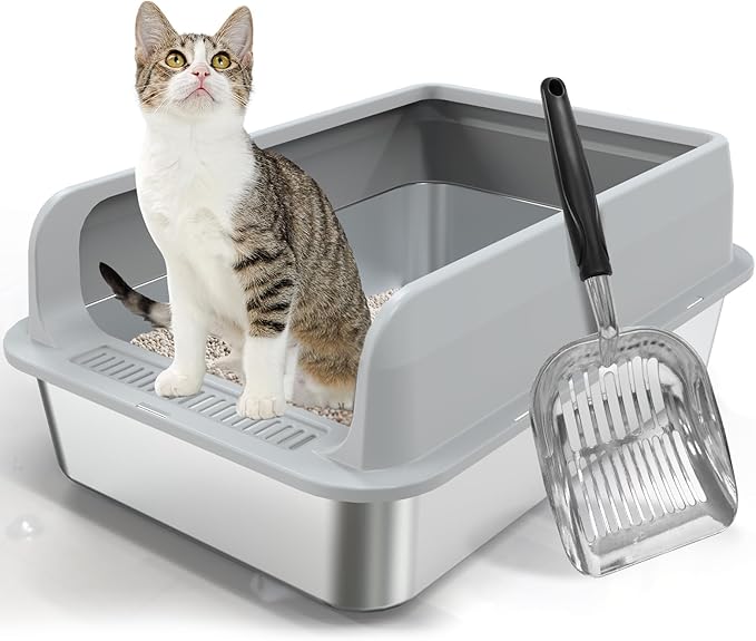Stainless Steel Litter Box, Enclosed Cat Litter Box Metal Pan Tray with High Wall Sides Non-Stick No Smell Easy to Clean Pet Toilet Supplies for Indoor Cats,Kitten, Kitty, Rabbit (Front Pedal)