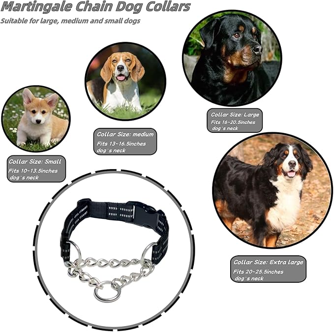 Martingale Dog Collars, Reflective Nylon Collar with Stainless Steel Chain, Adjustable Walking Training Dog Collars with Quick Release Buckle, Suitable for Small Medium Large Dogs(Black,XL)
