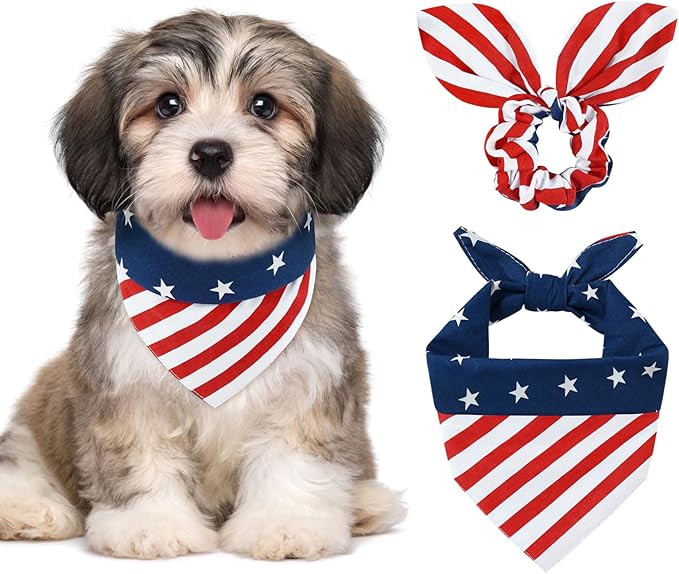 E-Clover 4th of July Dog Bandanas & Matching Scrunchie Set American Flag Dog Scarf Washable Patriotic Pet Bandana Triangle Kerchief Bibs for Small Dogs Puppy Owner Gifts