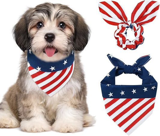 E-Clover 4th of July Dog Bandanas & Matching Scrunchie Set American Flag Dog Scarf Washable Patriotic Pet Bandana Triangle Kerchief Bibs for Small Dogs Puppy Owner Gifts