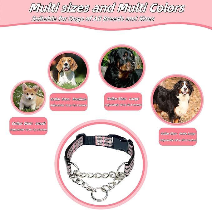 Martingale Dog Collars, Reflective Nylon Collar with Stainless Steel Chain, Adjustable Walking Training Dog Collars with Quick Release Buckle, Suitable for Small Medium Large Dogs(Pink,S)