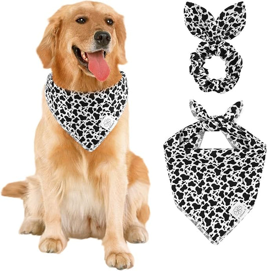 E-Clover Cow Print Dog Bandanas & Matching Scrunchie Set Fall Cowboys Theme Dog Scarf Bibs Pet Bandana with Bow Tie for Medium Large Dogs Owner Mom Black White