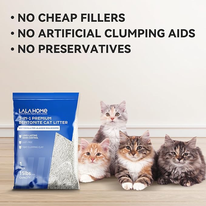 Premium Bentonite Cat Litter Sodium-Based, Clumping Cat Litter, Dust-Free, Strong Durability, Odor Control, Unscented Natural Mineral Formula Kitty Litter Bluk for RealScooper, 3 x 15 lb. Box