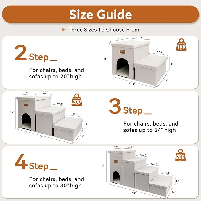 Dog Stairs with Condo 18" H, 3-Step Wider Dog Steps for High Beds Couch, Folding Storage Pet Stairs Gift for Small/Medium/Large Old Dogs Cats, Ramp for Climbing Car Up to 200 lbs, Beige