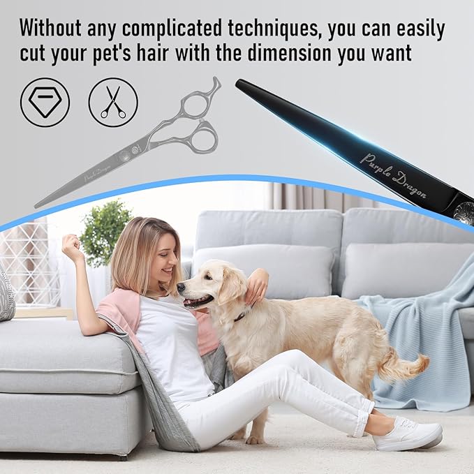 Purple Dragon Dog Grooming Scissors Set - Curved Chunkers, Straight, Up & Down Curved Scissors and Comb, 7 Inch Black Shears with Adjustable Screw for Dogs and Cats