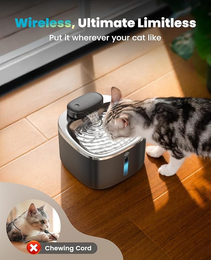 oneisall Cat Water Fountain, 3.5L/118oz Battery Operated Pet Fountain Stainless Steel, Automatic Water Fountains for Cats Indoor, Rechargeable (Hale 3.5L Black Color)