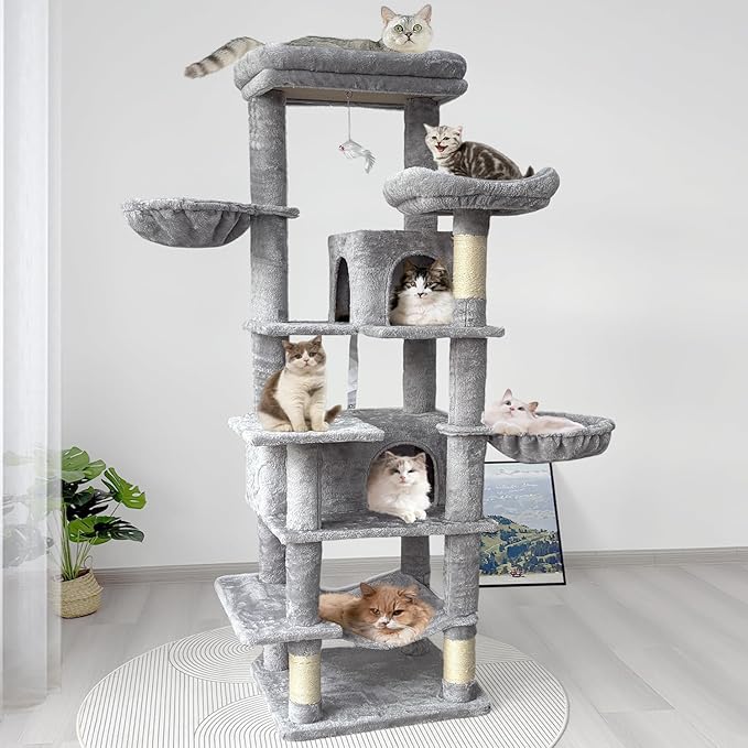 68 Inches Multi-Level Large and Tall Cat Tree Tower for Indoor Cats/Removable Pad/Cat Condo/Sisal Scratching Posts/Hammock/Cat Activity Center/Wide Base
